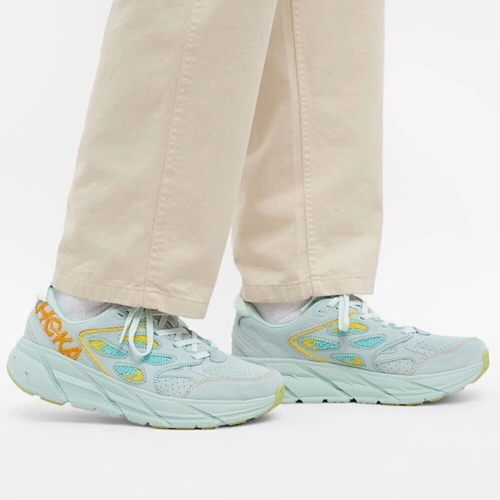 Hoka Clifton Leather Embroidery UNISEX Shoes blue glass Orage yellow Sz M11 W10